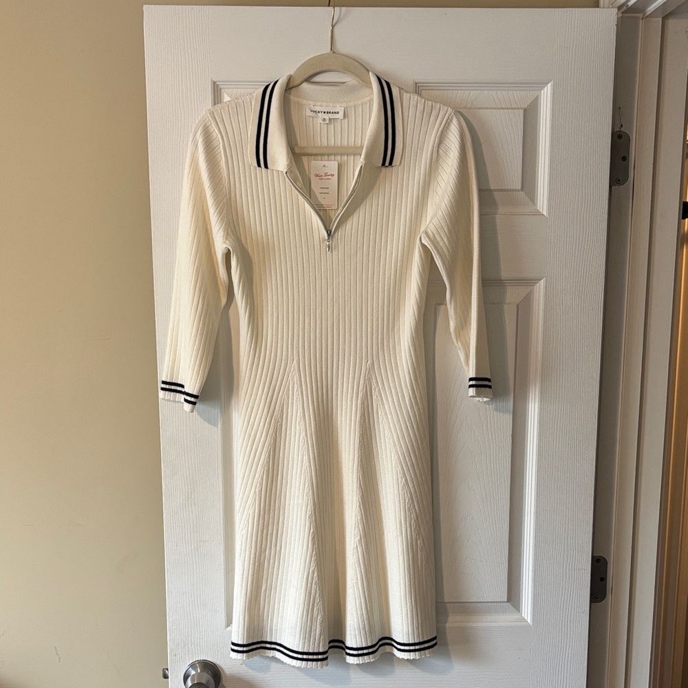Lucky Brand, M NWT, White Ribbed Polo Dress